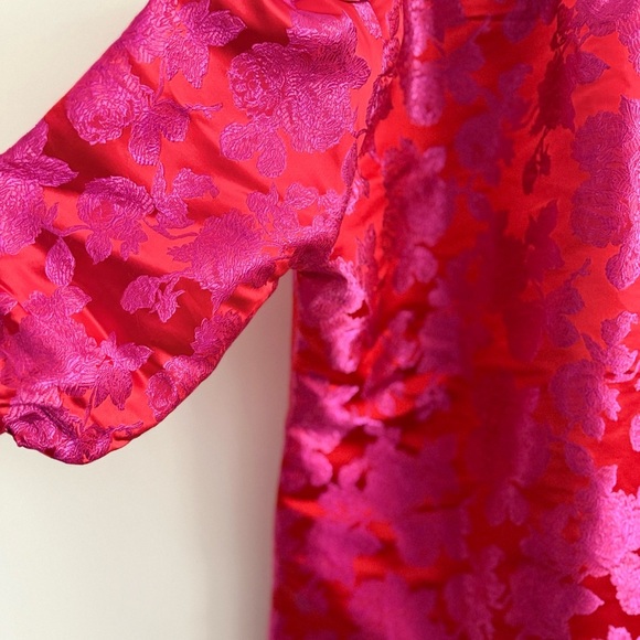 CARYN LAWN Asher Floral Jacquard Puff Sleeve Mini Dress Metallic Red Pink OS - Picture 15 of 15